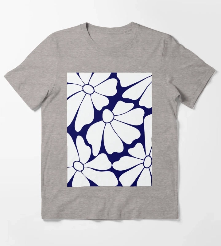 Navy Blue Daisy Pattern T-Shirt Heather Grey