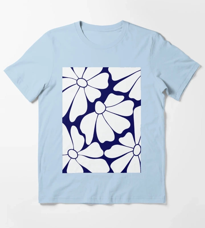 Navy Blue Daisy Pattern T-Shirt Sky Blue