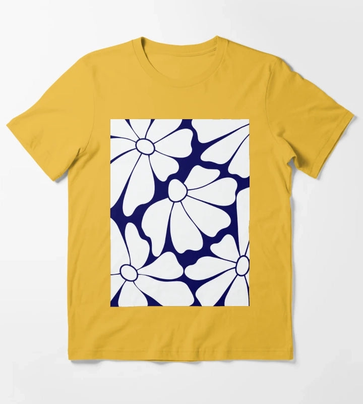 Navy Blue Daisy Pattern T-Shirt Yellow