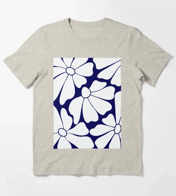 Navy Blue Daisy Pattern T-Shirt Cream