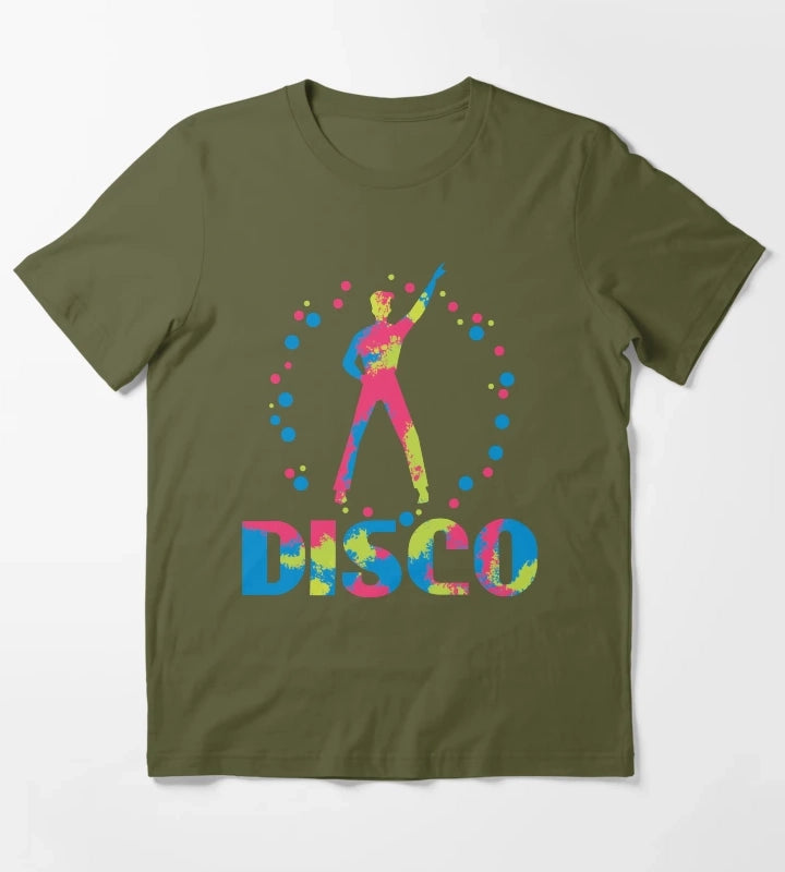 Neon 70s Disco Dance Party T-Shirt Olive Green
