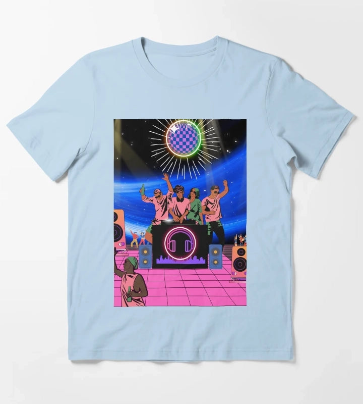 Neon Disco DJ Nightscape T-Shirt Sky Blue