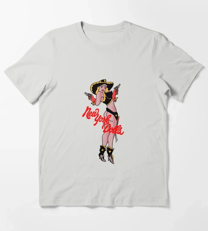 New York Dolls Cowgirl Shirt Sticker Hoodie Mask T-Shirt Light Grey