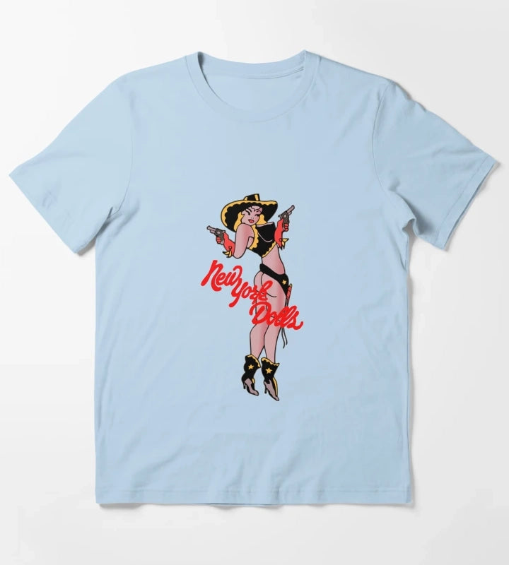 New York Dolls Cowgirl Shirt Sticker Hoodie Mask T-Shirt Sky Blue