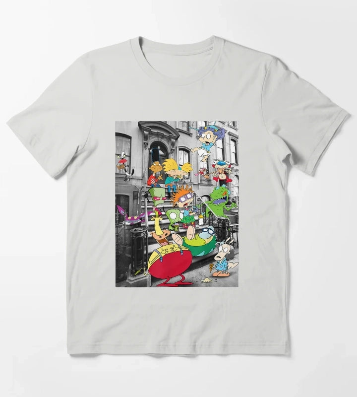 Nickelodeon Classic Nicktoons Hanging On Stoop T-Shirt Light Grey