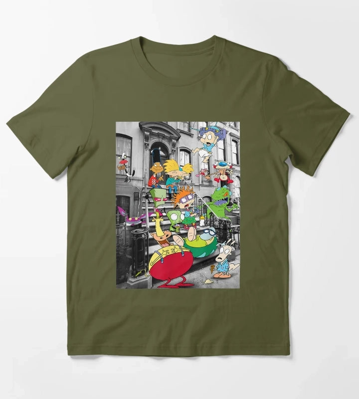 Nickelodeon Classic Nicktoons Hanging On Stoop T-Shirt Olive Green