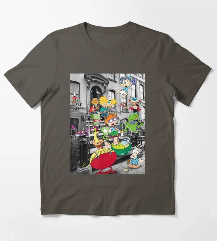 Nickelodeon Classic Nicktoons Hanging On Stoop T-Shirt Dark Grey