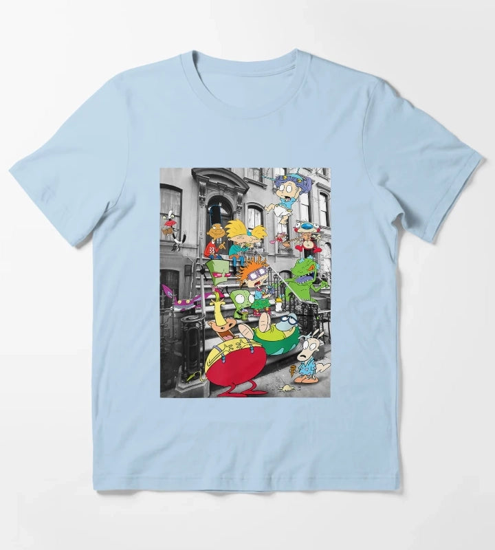 Nickelodeon Classic Nicktoons Hanging On Stoop T-Shirt Sky Blue