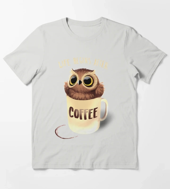 Night Owl Coffee Cute Bird Life Begins after Coffee T-Shirt Light Grey