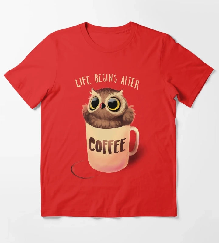 Night Owl Coffee Cute Bird Life Begins after Coffee T-Shirt Red
