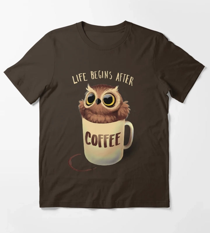Night Owl Coffee Cute Bird Life Begins after Coffee T-Shirt Brown