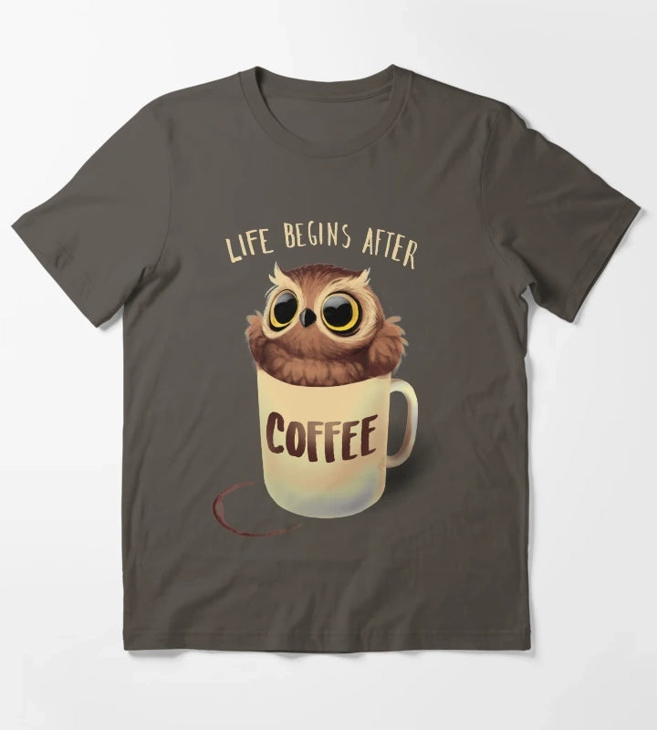 Night Owl Coffee Cute Bird Life Begins after Coffee T-Shirt Dark Grey
