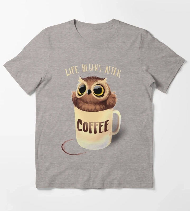 Night Owl Coffee Cute Bird Life Begins after Coffee T-Shirt Heather Grey