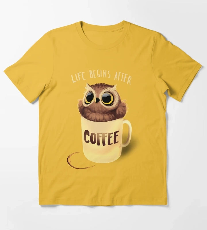 Night Owl Coffee Cute Bird Life Begins after Coffee T-Shirt Yellow