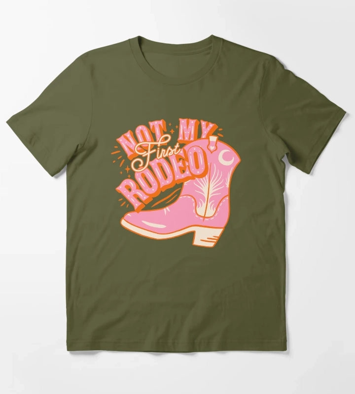 Not My First Rodeo Pink Cowboy Yeehaw Cowgirl Rodeo Boot Preppy Space Cowgirl Aesthetic Yee Haw HOWDY YALL Pink Background T-Shirt Olive Green