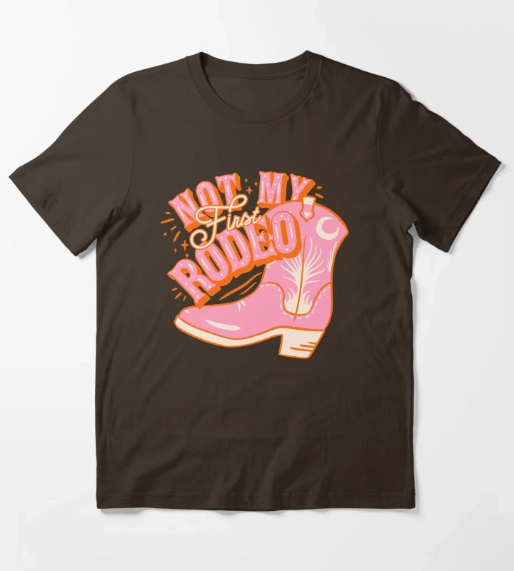 Not My First Rodeo Pink Cowboy Yeehaw Cowgirl Rodeo Boot Preppy Space Cowgirl Aesthetic Yee Haw HOWDY YALL Pink Background T-Shirt Brown
