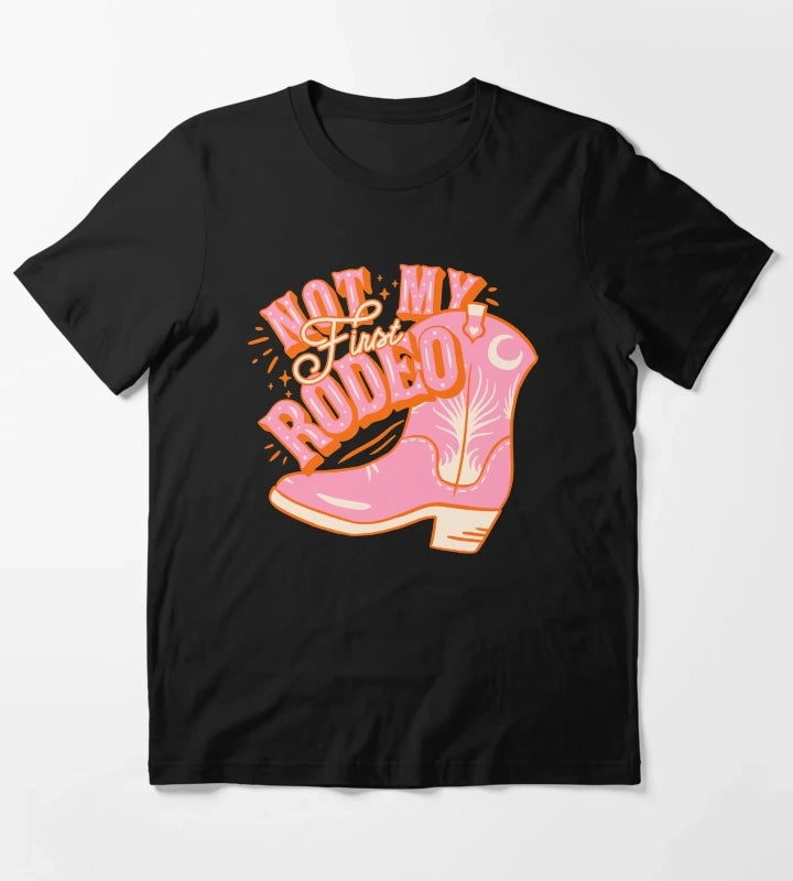 Not My First Rodeo Pink Cowboy Yeehaw Cowgirl Rodeo Boot Preppy Space Cowgirl Aesthetic Yee Haw HOWDY YALL Pink Background T-Shirt