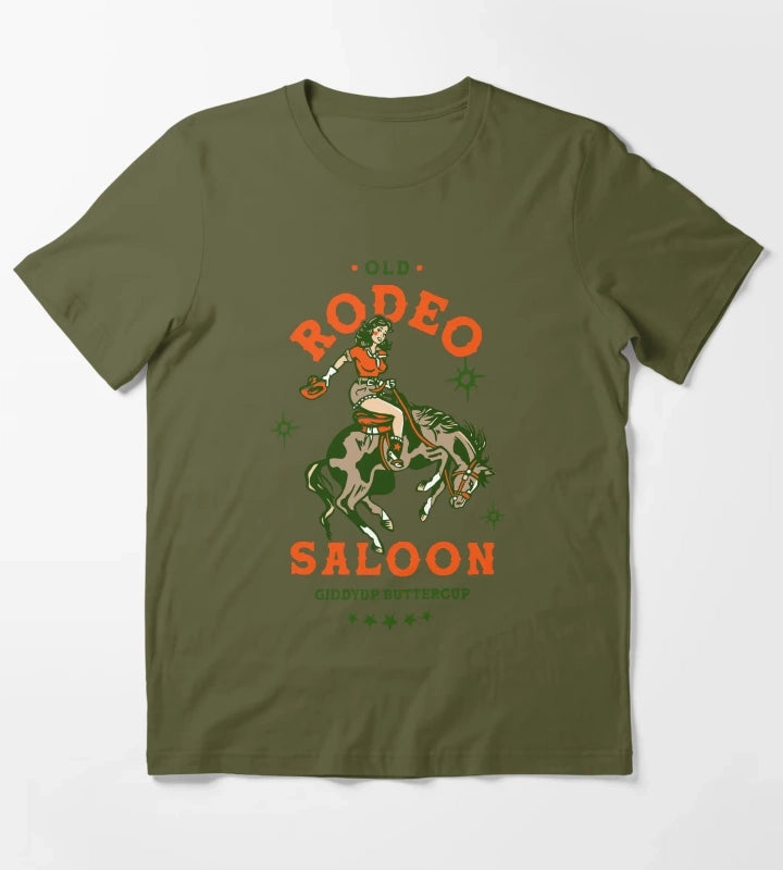 Old Rodeo Saloon Giddyup Buttercup Vintage Cowgirl Pinup T-Shirt Olive Green