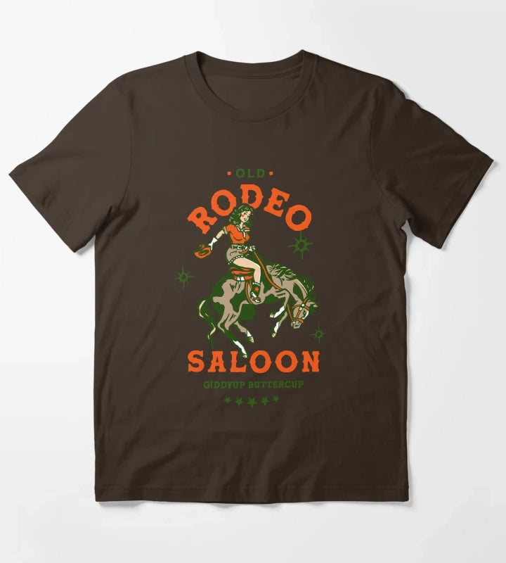 Old Rodeo Saloon Giddyup Buttercup Vintage Cowgirl Pinup T-Shirt Brown