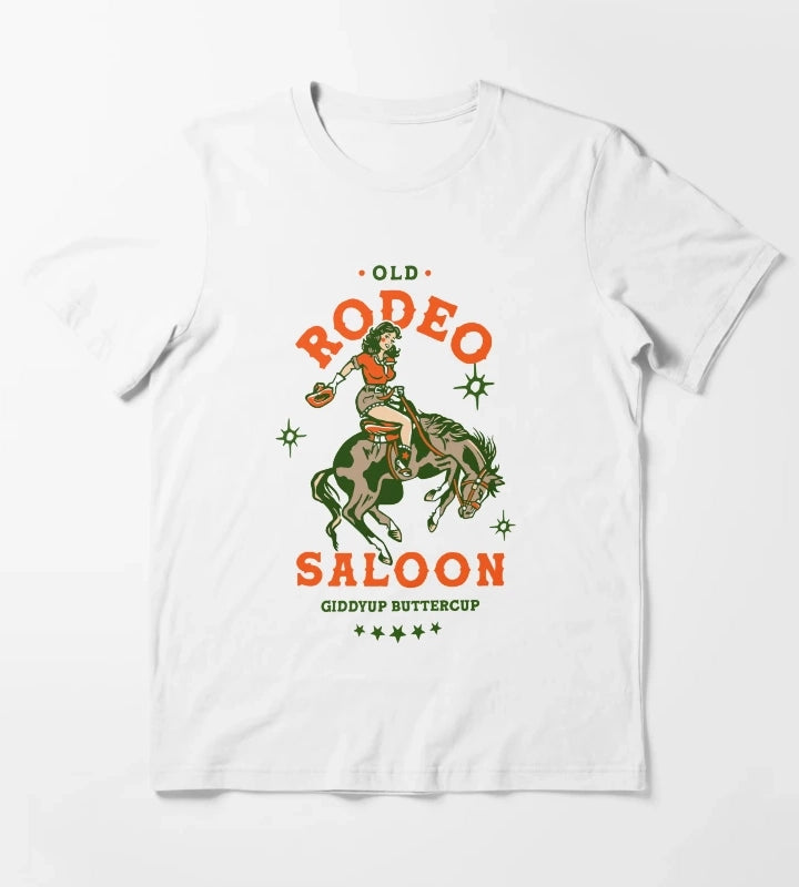 Old Rodeo Saloon Giddyup Buttercup Vintage Cowgirl Pinup T-Shirt White