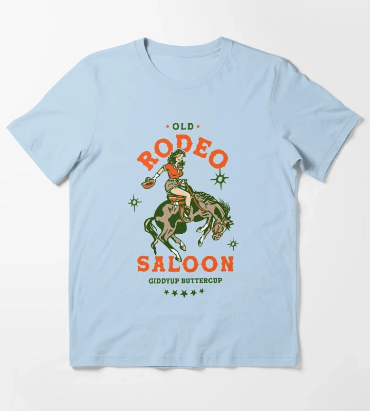 Old Rodeo Saloon Giddyup Buttercup Vintage Cowgirl Pinup T-Shirt Sky Blue