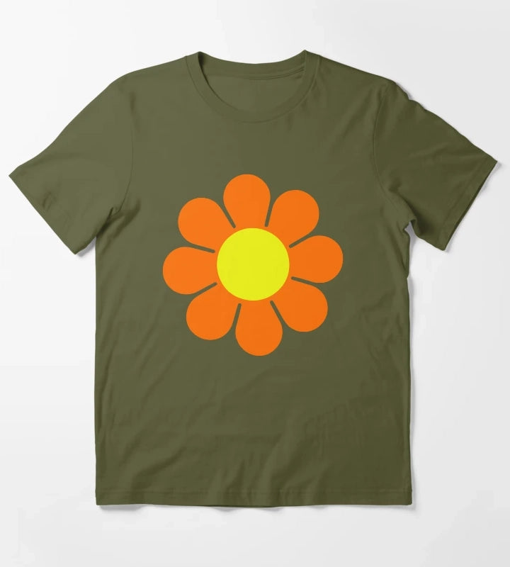 Orange Yellow Hippy Flower Power Daisy T-Shirt Olive Green