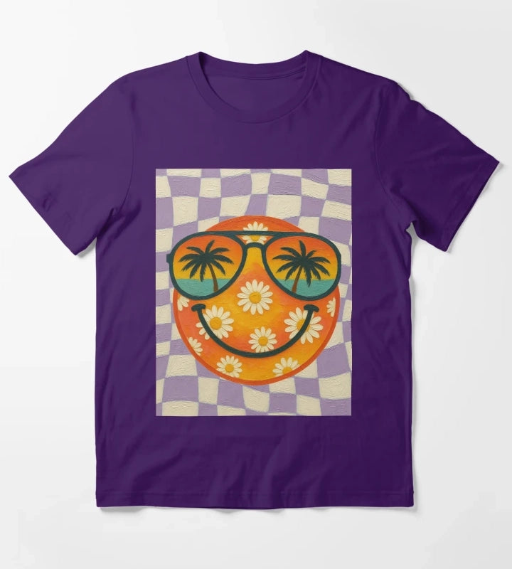 Painted Retro Smiley Daisy Beach Vibes Artwork T-Shirt Purple