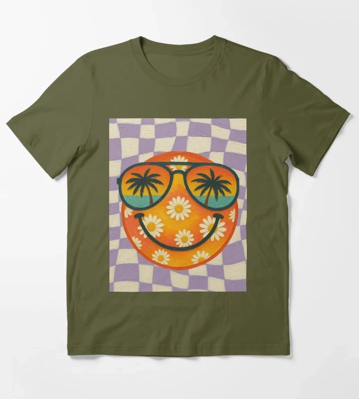 Painted Retro Smiley Daisy Beach Vibes Artwork T-Shirt Olive Green