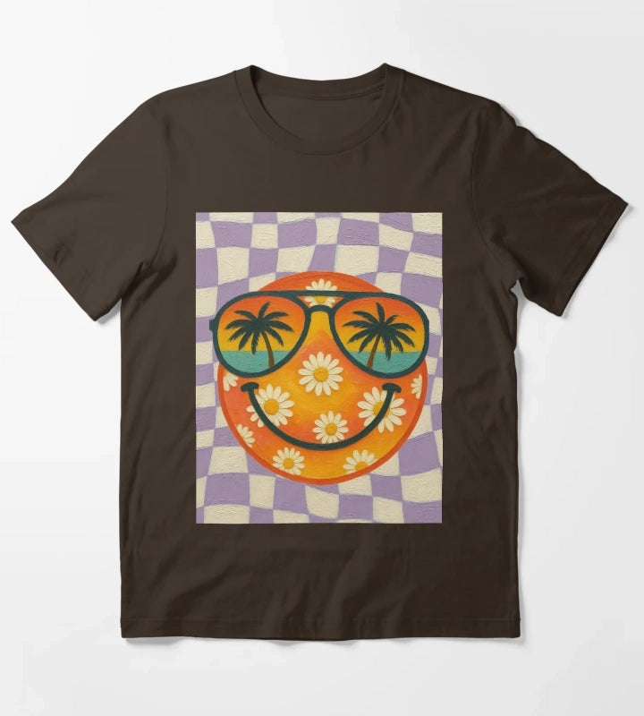 Painted Retro Smiley Daisy Beach Vibes Artwork T-Shirt Brown