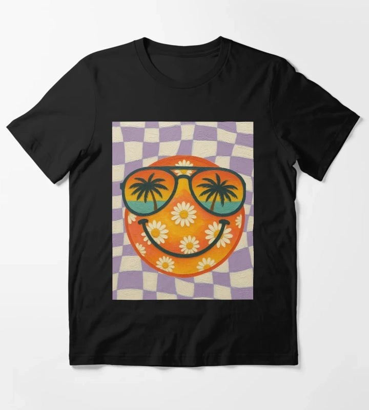 Painted Retro Smiley Daisy Beach Vibes Artwork T-Shirt