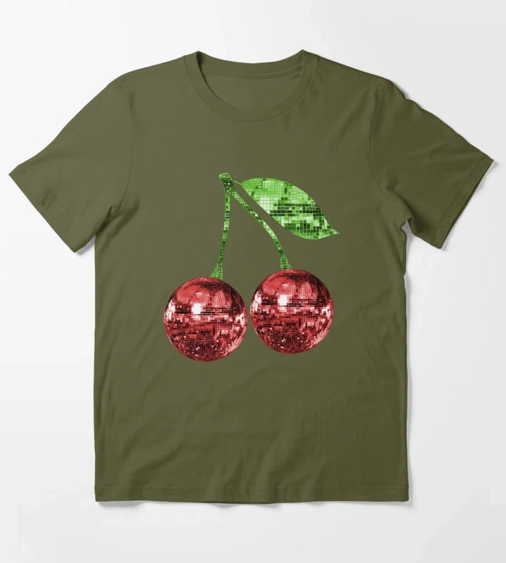 Pair of Disco Ball Red Cherries T-Shirt Olive Green