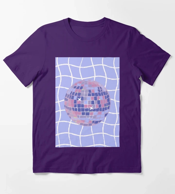 Pastel Disco Ball Illustration on Lavender Wavy Grid T-Shirt Purple