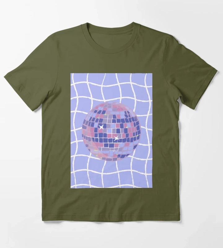 Pastel Disco Ball Illustration on Lavender Wavy Grid T-Shirt Olive Green