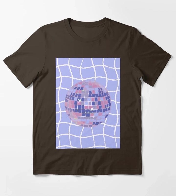 Pastel Disco Ball Illustration on Lavender Wavy Grid T-Shirt Brown