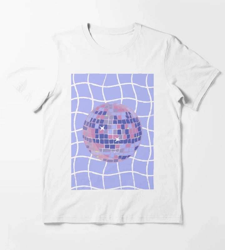 Pastel Disco Ball Illustration on Lavender Wavy Grid T-Shirt White