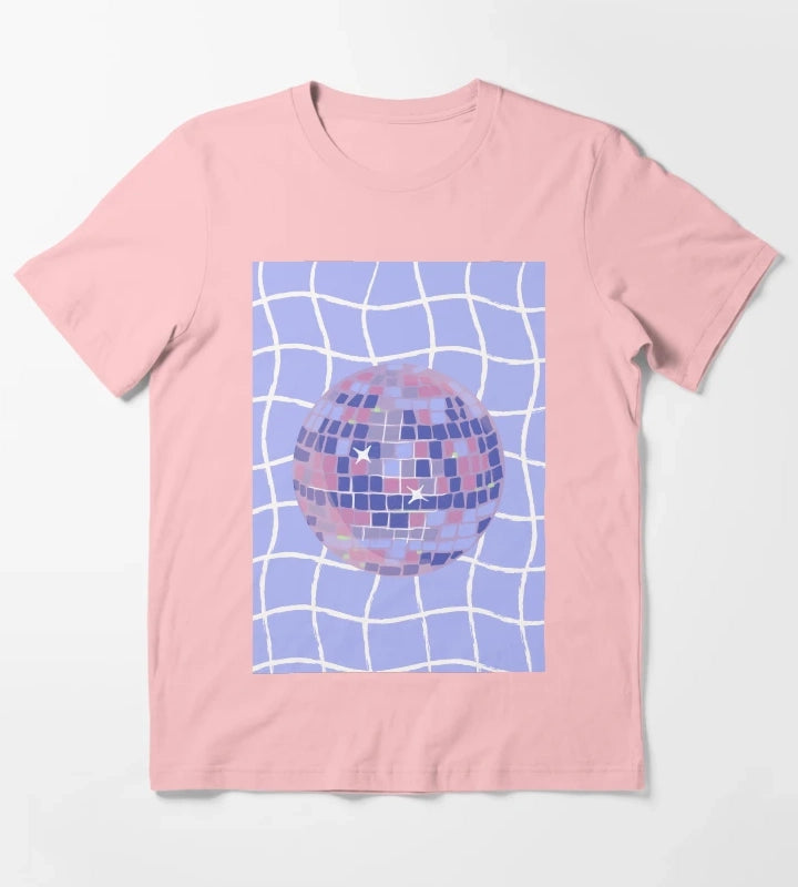 Pastel Disco Ball Illustration on Lavender Wavy Grid T-Shirt Dark Grey