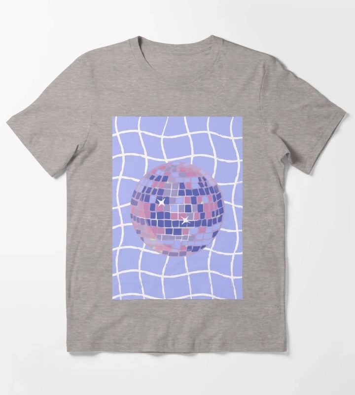 Pastel Disco Ball Illustration on Lavender Wavy Grid T-Shirt Heather Grey