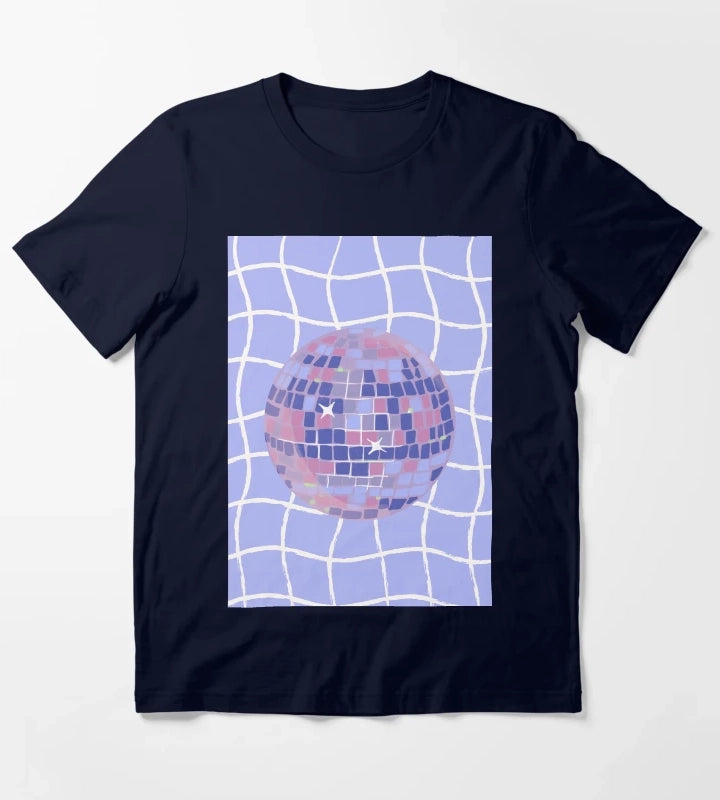 Pastel Disco Ball Illustration on Lavender Wavy Grid T-Shirt Navy
