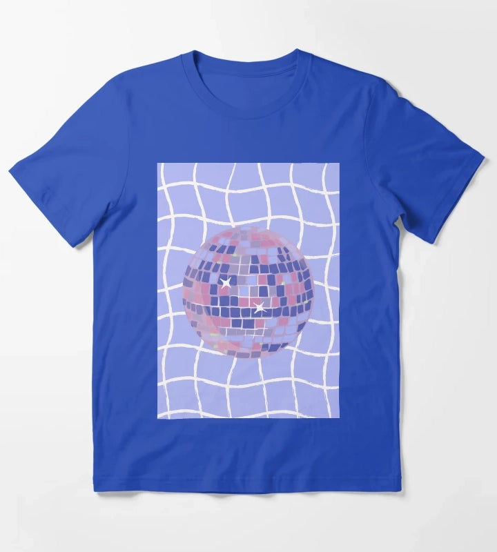 Pastel Disco Ball Illustration on Lavender Wavy Grid T-Shirt Blue
