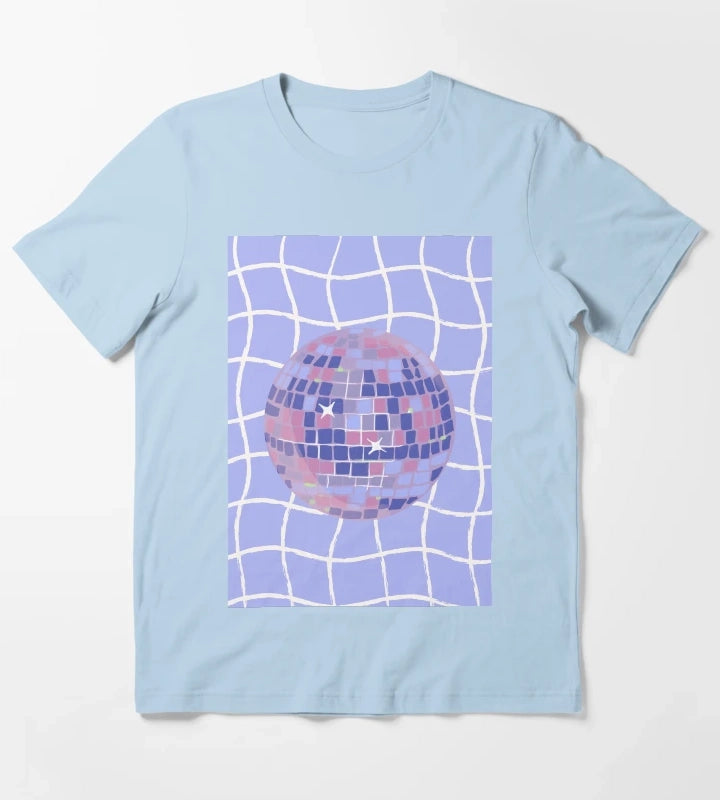 Pastel Disco Ball Illustration on Lavender Wavy Grid T-Shirt Sky Blue