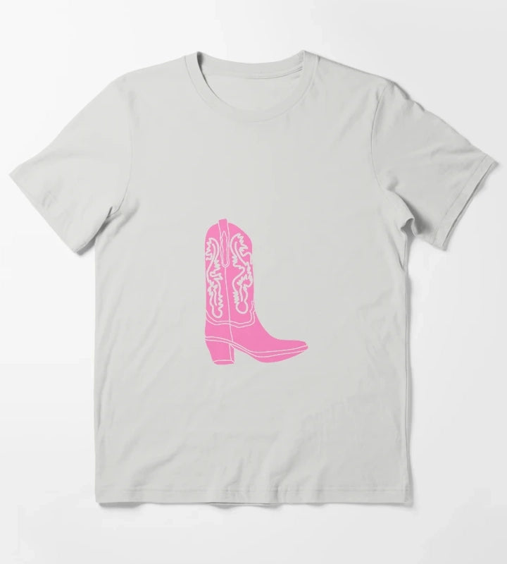 Pink Cowboy Cowgirl Boot T-Shirt Light Grey