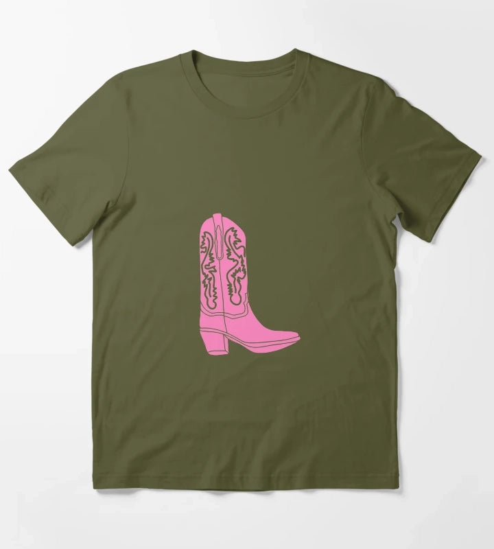 Pink Cowboy Cowgirl Boot T-Shirt Olive Green