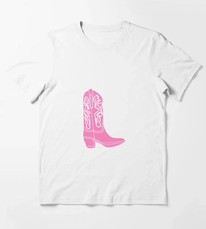 Pink Cowboy Cowgirl Boot T-Shirt White