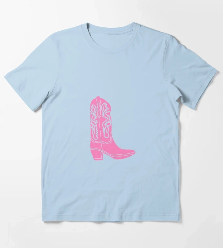 Pink Cowboy Cowgirl Boot T-Shirt Sky Blue