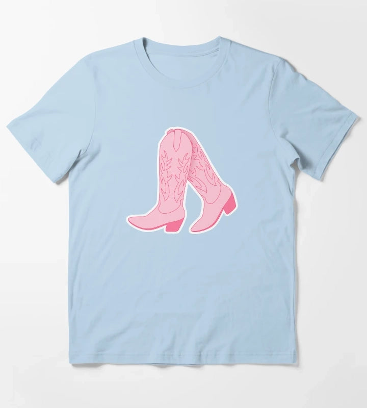 Pink Cowgirl Boots T-Shirt Sky Blue