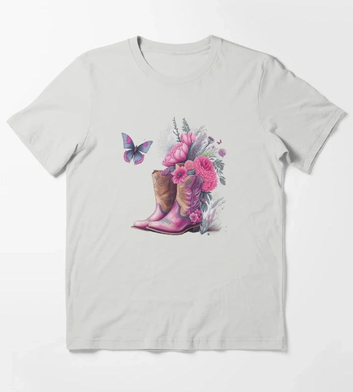 Pink Cowgirl Boots with Flowers and Butterflies T-Shirt Light Grey