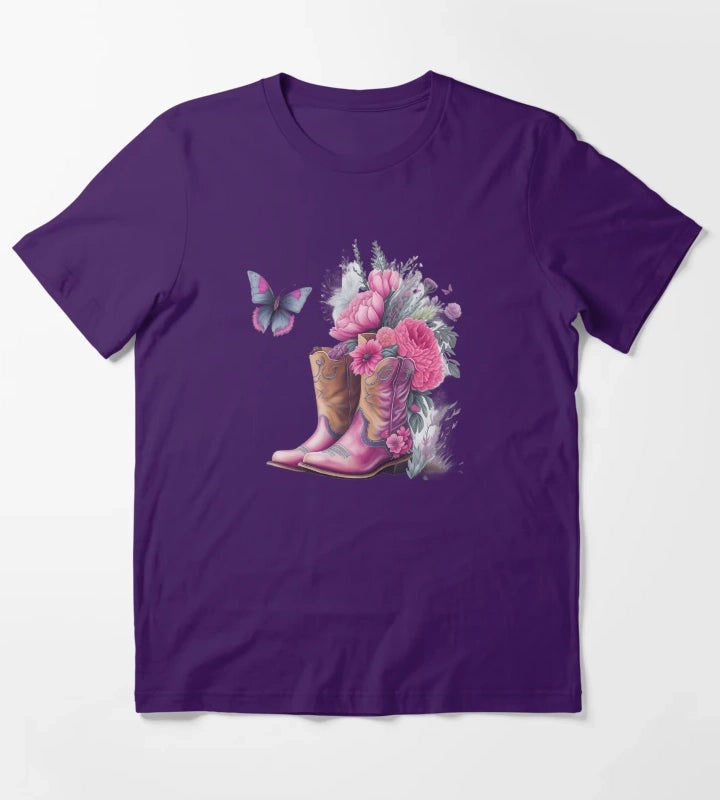 Pink Cowgirl Boots with Flowers and Butterflies T-Shirt Purple