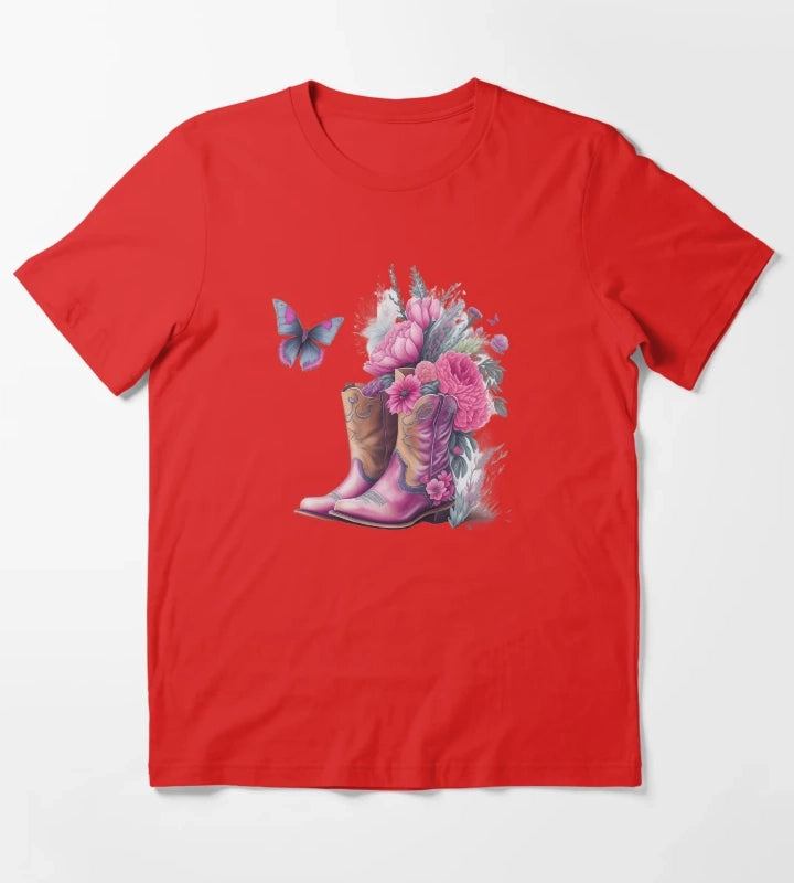 Pink Cowgirl Boots with Flowers and Butterflies T-Shirt Red