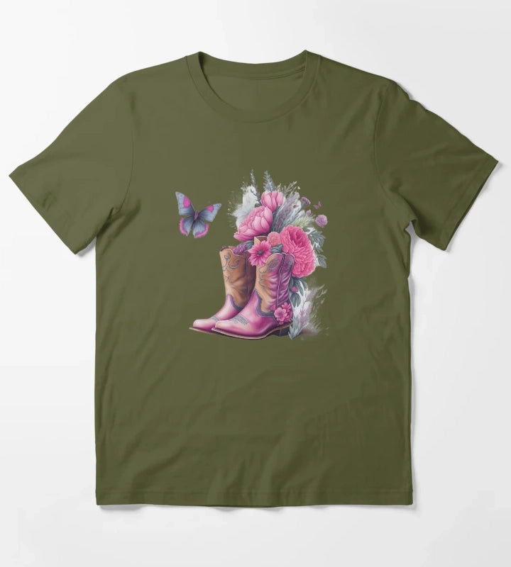 Pink Cowgirl Boots with Flowers and Butterflies T-Shirt Olive Green