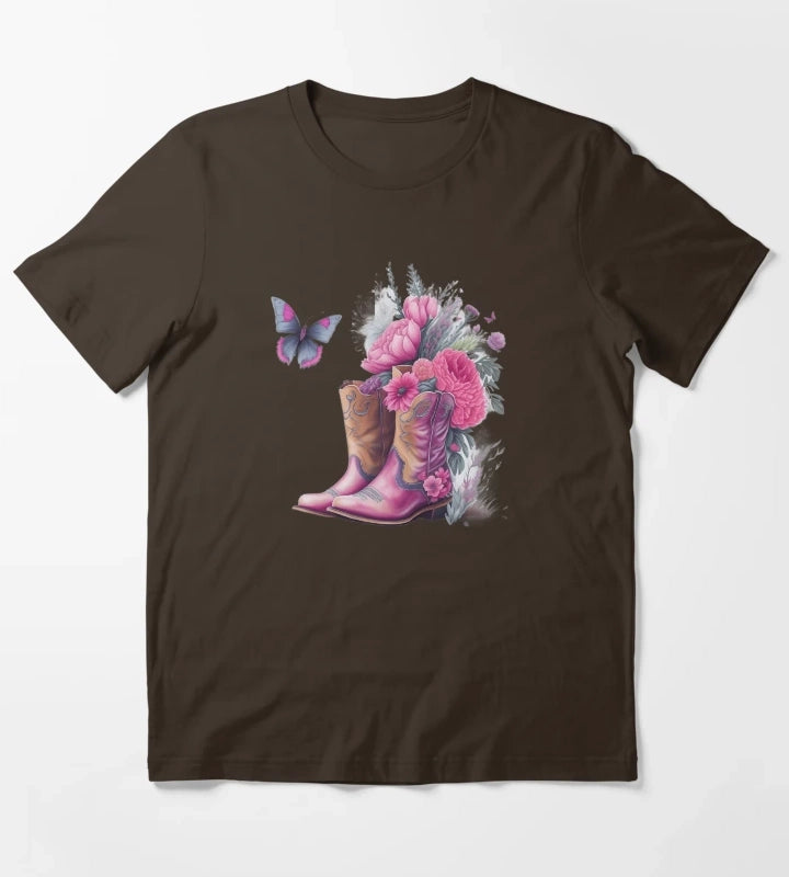Pink Cowgirl Boots with Flowers and Butterflies T-Shirt Brown